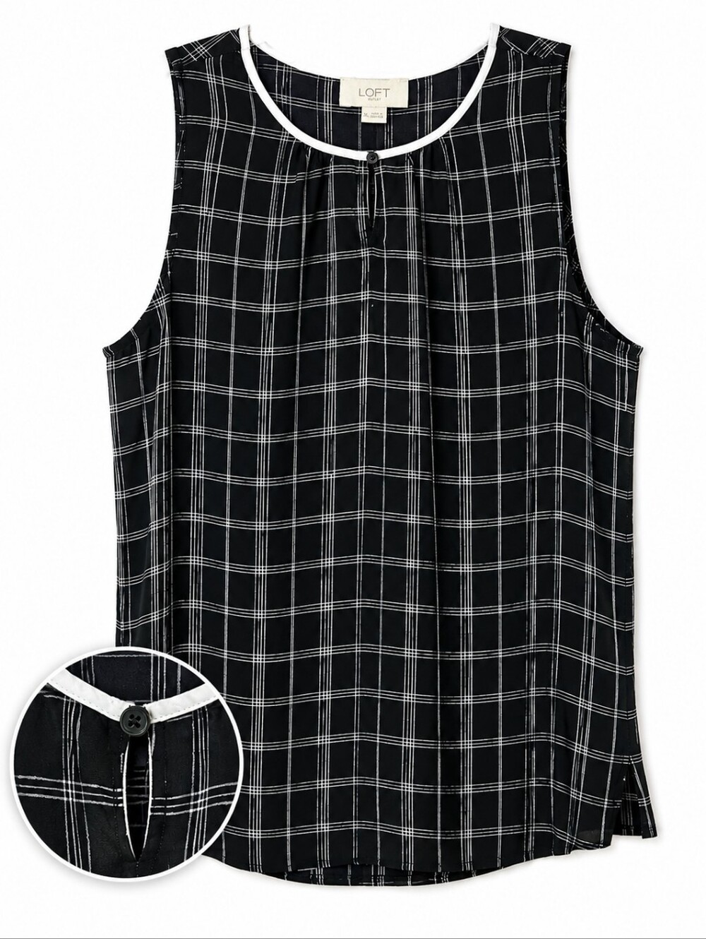LOFT Women’s XL Black White Plaid Grid Sleeveless Blouse Keyhole Top